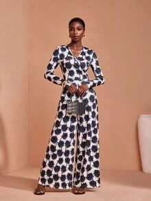 JIAN LASALA Knit Long Sleeve Overlapped V Neckline Jumpsuit Vacation Casual Holiday - Multicolor - View 5