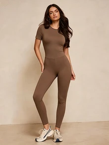 Eassivo Women's Mocha Sculpting Short Sleeve Cutout Back Cross Jumpsuit - Multicolor - View 5