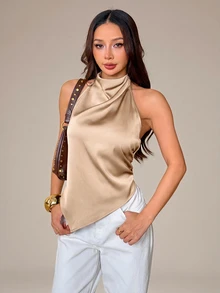 SHEIN PETITE 女款性感露背掛脖上衣，優雅適合派對之夜、通勤與度假，夏季上衣，適合嬌小女性，棕色 - 卡其色 - 查看 3