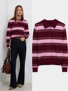 Nöista Knitted Casual Polo Collar Striped Shirt - Burgundy - View 3