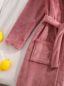 Girls' Home Clothes Kids Plush Tie-Front Robe, Autumn/Winter Hooded Bathrobe, Fleece Lined, Long Sleeve Solid Color With Pockets, Soft Comfortable Cute Pajamas - Coral Pink - View 6