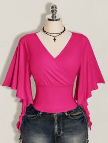 SHEIN ICON 女款大尺碼黑色夏季哥德風性感夜店約會派對夜店 T-shirt，復古優雅 V 領荷葉袖修身 Y2K 風格 - 玫紅色 - 查看 3