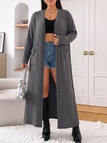 SHEIN EZwear 大尺碼女款純色極簡休閒長袖長版大衣 秋冬款 - 深灰色 - 查看 2