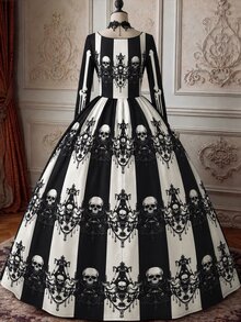 Rometta 大尺碼女款萬聖節優雅哥德風星空暗黑印花亡靈節長袖洋裝，黑色與白色，適合晚宴派對、婚禮賓客、秋季穿著 - 黑色 - 查看 2