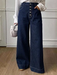 Dazy Plus Quần jean dài ống rộng suông rộng dáng lỏng nhiều nút, mài rách phong cách vintage, mặc quanh năm mùa thu - Rửa tối - Xem 4