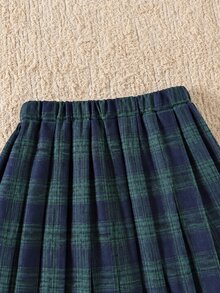 Genkimix Kids 女童棋盤格針織衫酒紅黑白格紋蝴蝶結裝飾裙套裝，萬聖節、聖誕節、開學季可愛造型套頭衫 - 墨綠色 - 查看 4