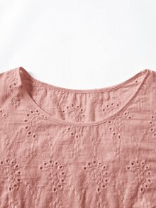 Rusticease 大尺碼女款鏤空刺繡圓領短袖休閒襯衫 夏季上衣 春季鄉村風女裝 - 粉色 - 查看 3