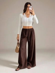 SHEIN Tall 女款素色休閒百搭日常穿著長褲 - 咖啡棕 - 查看 7