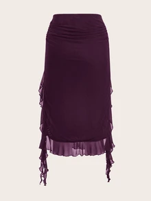 SHEIN ICON 女款百褶拼接層次不對稱下擺中長低腰裙 - 紫色 - 查看 2