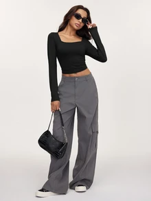 SHEIN BASICS 3件組純色針織長袖修身挖領短版女款T恤上衣，黑色、灰色、白色，秋季基礎款，適合日間辦公與日常休閒 - 彩色 - 查看 5