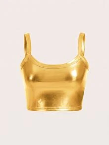 SHEIN ICON 女款金屬質感時尚短版細肩帶背心 - 金色 - 查看 2