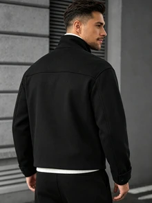 Manfinity Homme Men's Mature Casual Solid Color Wool Black Short Jacket, Best Choice For Holiday Gift - Black - View 2