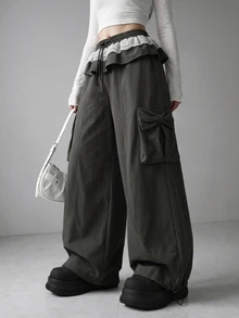 FRIFUL Women's Lace Patchwork Casual Cute Versatile Daily Wear Long Pants Everyday Going Out Dark Grey Fall - Grey - View 5