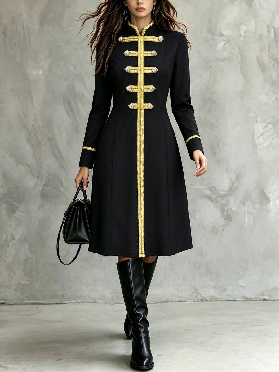 Everyssa Elegant Luxurious Gold Buckle Long Sleeve Fitted Maxi Dress For Outdoor Business Banquet Fall/Winter - Black - View 1