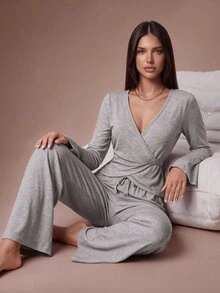 Lazeform Women's Casual Home Loungewear Set With Open Front Tie V-Neck Long Sleeve Top And Long Pants - Grey - View 3