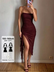 SHEIN PETITE 2026 女款春夏優雅性感復古黑色百褶荷葉邊不對稱下擺洋裝，適合夜晚外出 - 酒紅色 - 查看 6