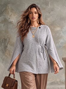 Ceyna Plus Size Minimalist Button Tie Knit Sweater - Grey - View 6
