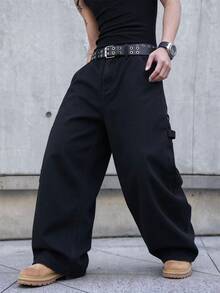 RivetRise 男士街頭風鈕扣口袋牛仔長褲，適合日常穿著 - 黑色 - 查看 4