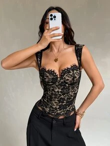 SHEIN PETITE Elegant Sexy Lace Underwire Cup Top - Black - View 5