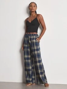 Ocili Ribbed Comfortable Lace Trim Minimalist Plaid Cotton Long Pants Drawstring Women's Loungewear Set - Multicolor - View 7