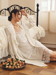 Côtesoire Lace Cami Sleep Dress & Belted Robe - White - View 4
