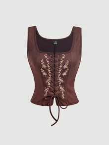 SHEIN MOD 女款刺繡綁帶修身背心 - 棕色 - 查看 1