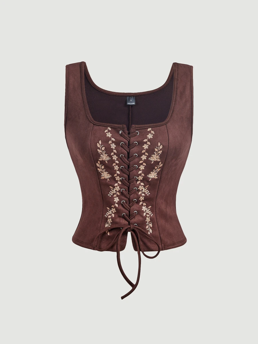 SHEIN MOD 女款刺繡綁帶修身背心 - 棕色 - 查看 1