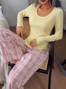 DAZY 2pcs/Set Women's Slim Fit Solid Long Sleeve T-Shirt & Plaid Straight Leg Long Pajama Pants Sleepwear Set - Yellow - View 4