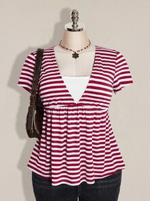 SHEIN ICON 女款大尺碼復古性感千禧風Y2K簡約休閒日常通勤街頭風黑灰條紋深V領二合一上衣 - 紅色 - 查看 7