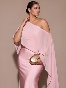 SHEIN BAE CURVE 大尺碼女款優雅長版不對稱單肩洋裝 - 粉色 - 查看 6