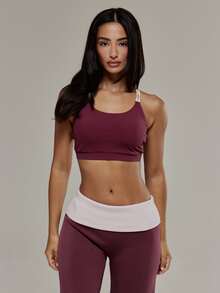 Musera Sport Scoop Neck Double Strap Contrast Colour Sports Bra Gym Pilates Workout Active Cute Daily - Burgundy - View 2