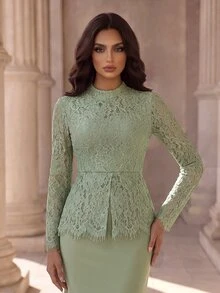 Coutiva Elegant Formal Romantic Lady Lace Long Sleeve Mermaid Dress Wedding Gala Dinner Sage Green - Green - View 7
