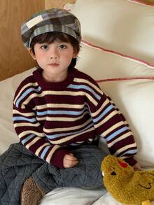 Dazy Kids Áo len tay dài cổ tròn kẻ sọc phong cách Hàn Quốc cho bé trai sơ sinh, mùa thu/đông - Đỏ - Xem 5