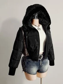 SHEIN ICON Women's Plus Size Hooded Patchwork Fur Collar Black Padded Coat Winter - Black - View 13