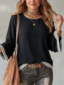 Plus Size Women's Round Neck Patchwork Striped Ruffle Cuff Casual Shirt - Black - View 3