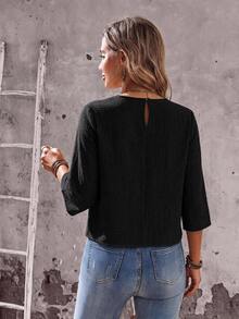 EMERY ROSE Women's Solid Color Round Neck 3/4 Sleeve Button Design Casual Shirt - Black - View 2