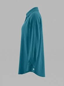 SHEIN 度假風白色椰子樹鏤空刺繡寬鬆沙灘襯衫洋裝 - 藍色 - 查看 6