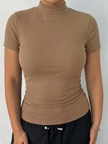 Dazy Plus Elastic Fitted Knit Casual High Neck Base Layer Short Sleeve Black Spring Summer Autumn Pullover T-Shirt - Camel - View 4