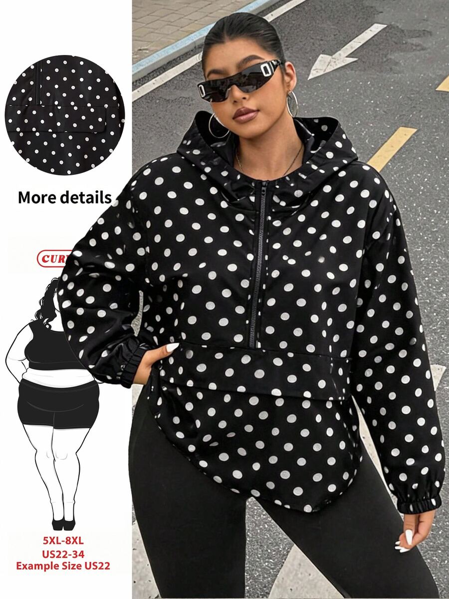 SHEIN CURVE+ 大尺碼復古黑白波點連帽拉鍊夾克,適合 5XL-8XL,秋冬季穿著 - 黑與白 - 查看 1