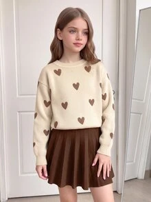 SHEIN Tween Girl Heart Pattern Drop Shoulder Sweater And Solid Brown Pleated Skirt 2pcs Set,Back-To-School Casual School Outfit For Autumn Winter - Apricot - View 10