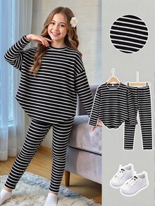 SHEIN Vintaside Kids 女童軟綿復古條紋上衣，圓弧下擺配寬鬆長褲，修身輕盈春秋開學套裝 - 彩色 - 查看 3