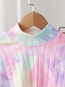 SHEIN 女童紮染羅紋兩件套，半高領不對稱上衣搭配毛絨拼接袖口 + 喇叭寬腿褲套裝，拍照吸睛派對穿搭，春/秋季 - 彩色 - 查看 6