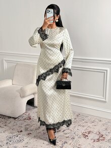 Veilorie Women's Polka Dot Pattern Contrast Lace Asymmetrical Hem Top And Skirt Arabic Costume Set - Apricot - View 5