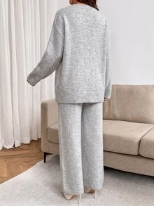 SHEIN Maternity Solid Color Crew Neck Side Slit Hem Sweater And Adjustable Waist Knit Long Pants Casual Set Winter - Light Grey - View 2
