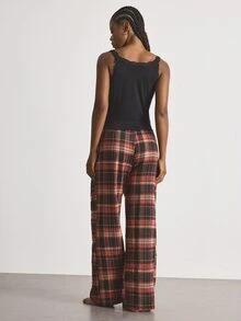 Ocili Women's Lace Trim Minimalist Comfortable Plaid Cotton Long Pants Drawstring Loungewear Set - Multicolor - View 3