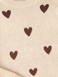SHEIN Tween Girl Heart Pattern Drop Shoulder Sweater And Solid Brown Pleated Skirt 2pcs Set,Back-To-School Casual School Outfit For Autumn Winter - Apricot - View 5