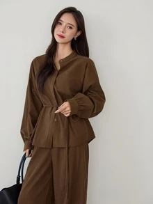 Dazy-Less Autumn/Winter Coffee Brown Round Neck Long Sleeve Slim Fit Waist Top With High Waist Loose Wide Leg Pants Women 2pcs Set - Coffee Brown - View 4