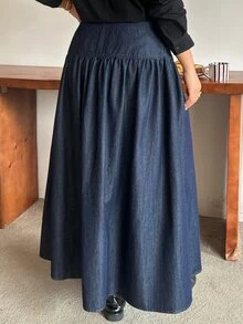 Dazy Plus Double-Breasted Design Long Loose Elegant Denim Skirt - Dark Wash - View 2