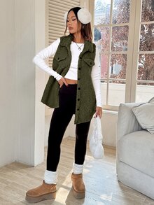 SHEIN EZwear Flap Detail Teddy Vest Coat Simple Fashionable Suitable For Winter - Army Green - View 4