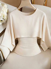 SHEIN PETITE Winter Women's Solid Color Round Neck 3/4 Sleeve Ruched Fashion T-Shirt - Apricot - View 1